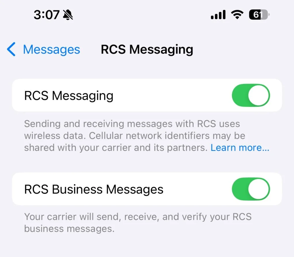 iPhone settings showing toggles for “RCS messaging” and “RCS Business Messages” enabled.