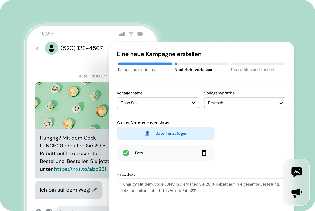 Bild eines Telefons mit Werbetexten und einer App-Schnittstelle, die die Erstellung einer Kampagne zeigt