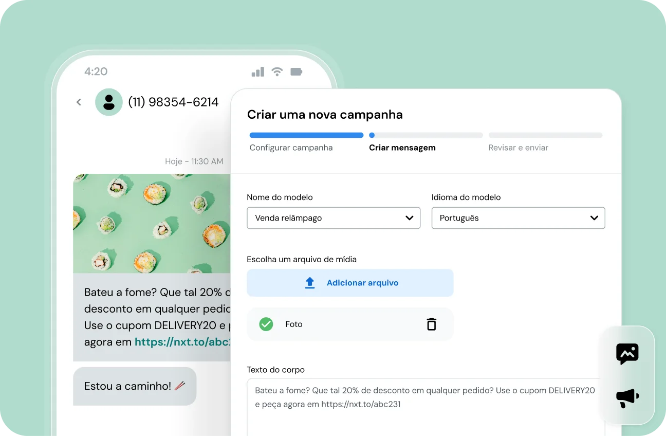 Imagem de um telefone com textos promocionais e uma interface de aplicativo mostrando a criação de uma campanha