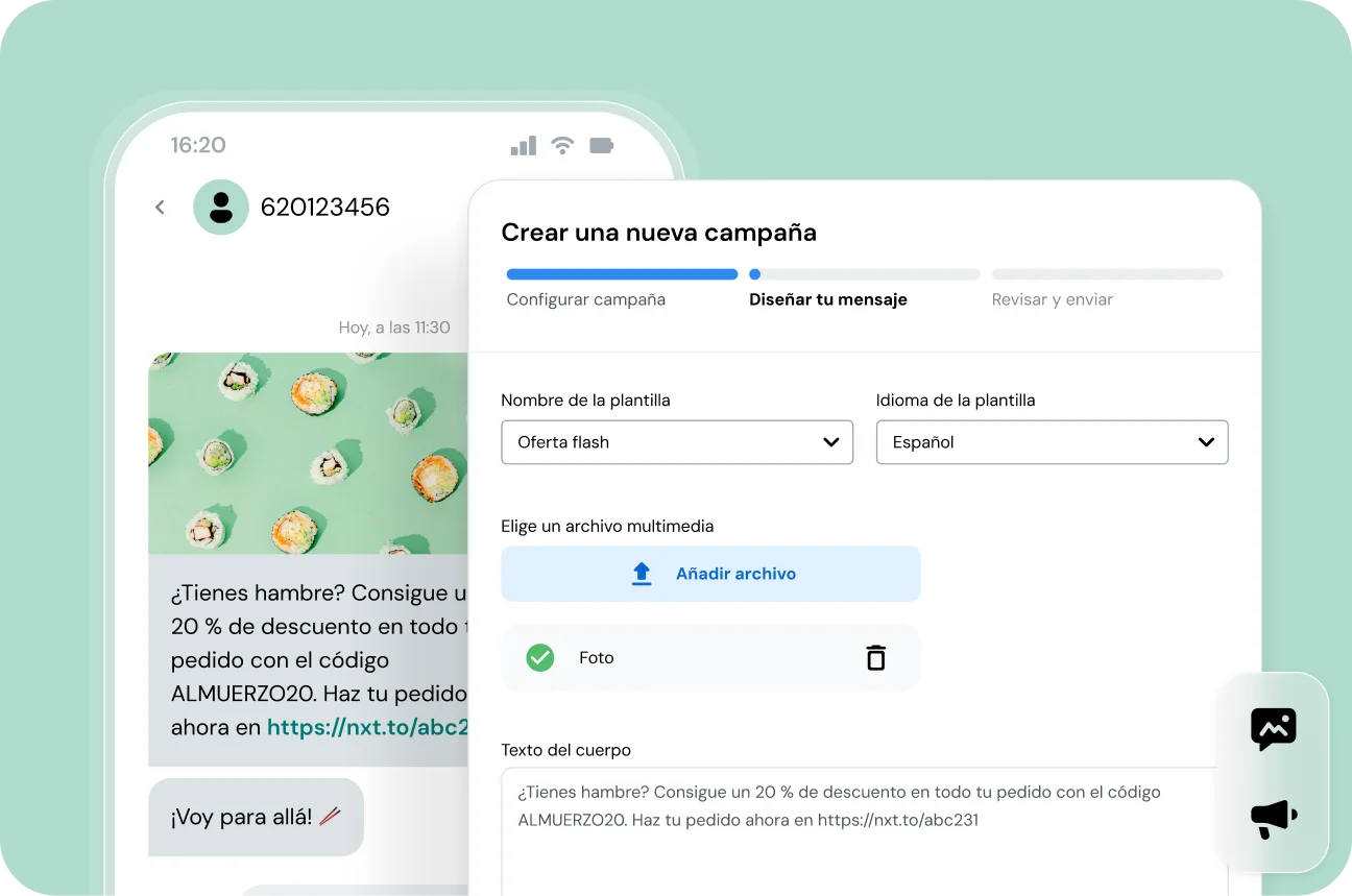Imagen de un teléfono con textos promocionales y una interfaz de aplicación que muestra la creación de una campaña
