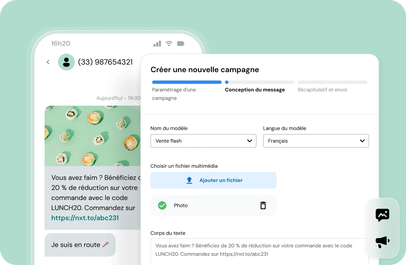 Image d'un téléphone avec des textes promotionnels et une interface d'application montrant la création d'une campagne.
