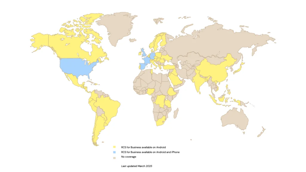 RCS for Business coverage map, last updated in March 2025