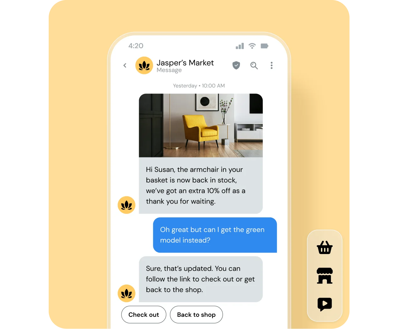 illustration of girl on mobile phone with thumbs up and card icon