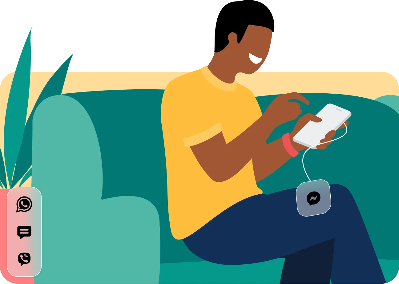 illustration of girl on mobile phone with thumbs up and card icon