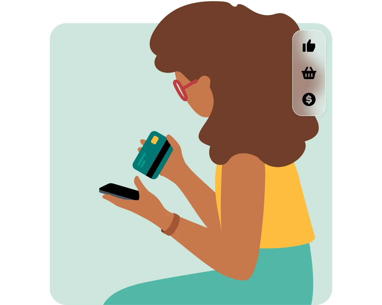 illustration of girl on mobile phone with thumbs up and card icon