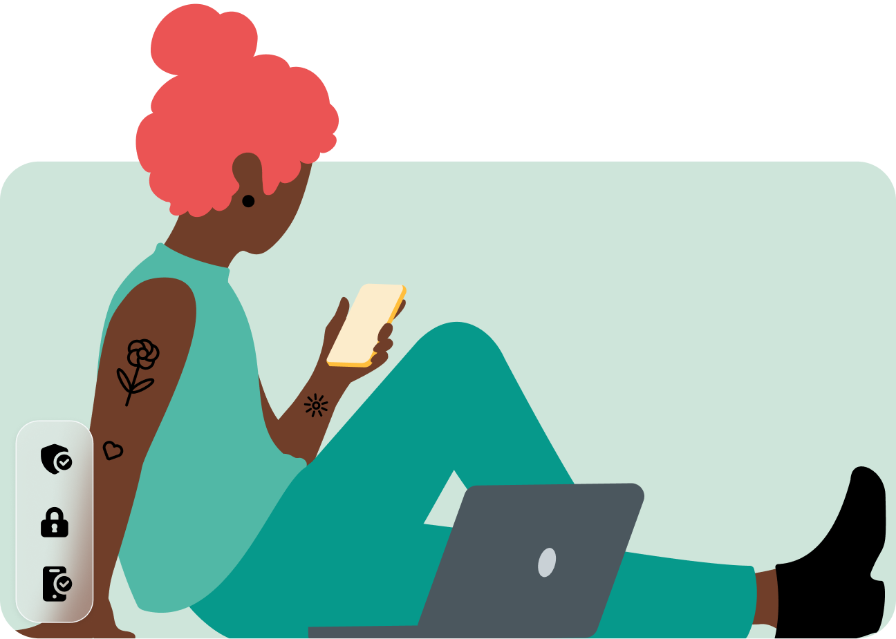 illustration of girl on mobile phone with thumbs up and card icon